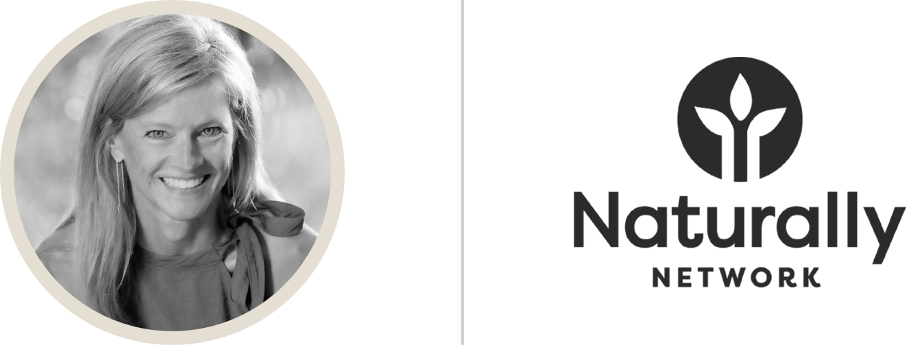 A picture of Sharon Reddehase and the Naturally Network logo. She is in black and white with blonde hair and is smiling at the camera