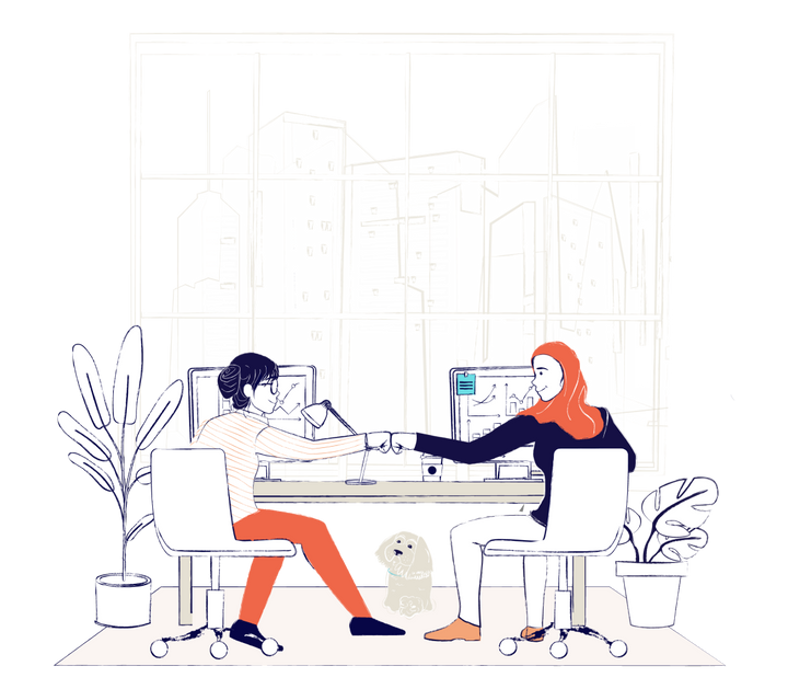 Illustration of two coworkers sitting at a desk fist bumping. There is a cute dog under the desk.