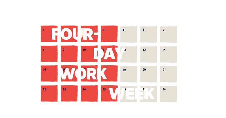 An illustrated calendar with the days Monday to Thursday highlighted. The calendar has the text 'four day workweek' on it.