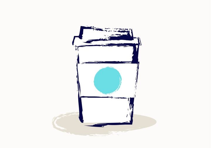 An illustrated take-out coffee cup. The sleeve has a plain blue circle on it.