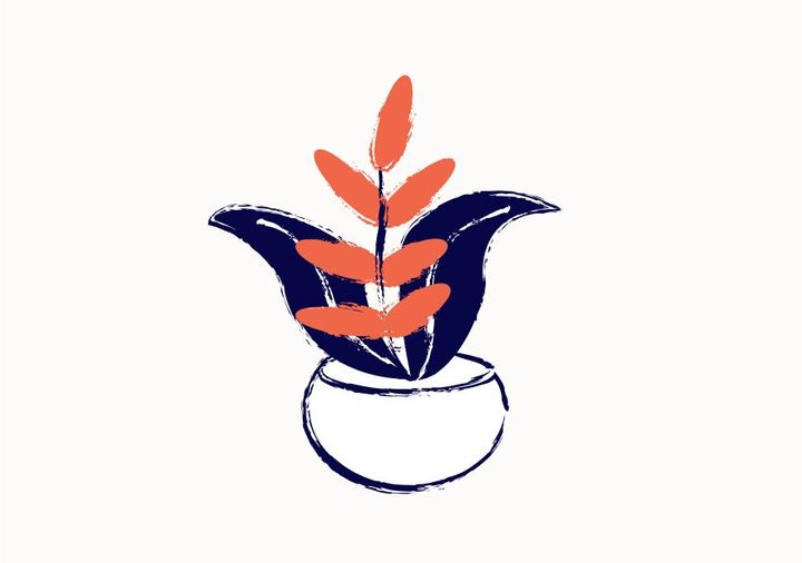 An illustrated pot plant with two big leaves and red flowers